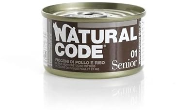 Natural Code Umido Gatto Senior gusto FIOCCHI DI POLLO e RISO, Numero 01, alimento completo in SFILACCETTI per gatti anziani, altamente digeribile | 12 scatolette da 70 grammi l'una.