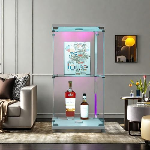 LLODERY Vitrine Verticale en Verre, 86 x 43 x 37 cm, Double Niveau, Meuble d'angle avec éclairage LED et Serrure, pour Collections, vin, Salon, Bureau (Blanc)