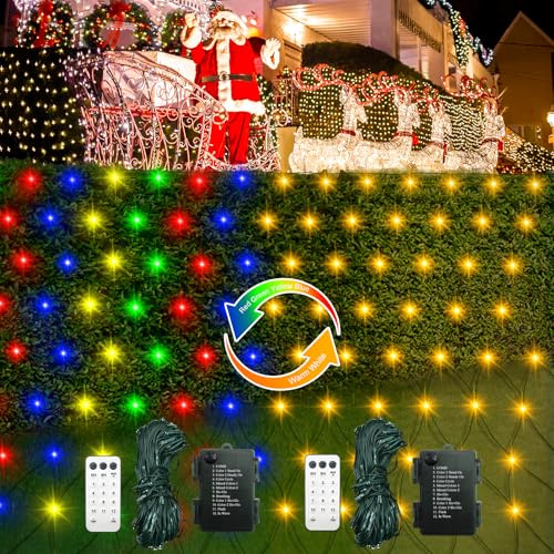 2 Pack Battery Operated Christmas Net Lights, 1.5m x 1.5m 100 LED Color Changing Fairy Lights with Timer Dark Green Wire Mesh Lights for Christmas Tree Garden Backyard Décor (Warm White & Multicolor)