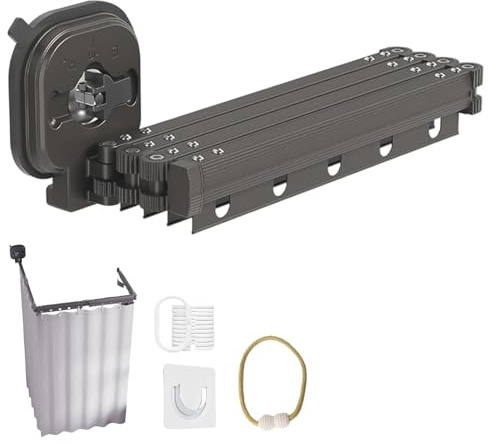 LIUZHUJ Fünffach Faltbare Duschvorhangstange mit Duschvorhang, Duschvorhangstange aus Aluminiumlegierung, Saugnapf Badewanne Vorhangstange, Komplettes Zubehör, für Badezimmer, Schlafzimmer, Balkon
