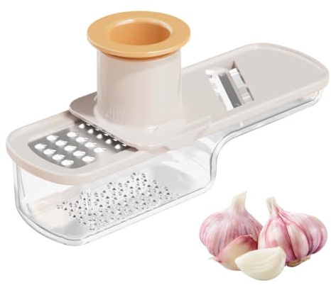Mini Trancheuse Ail, Râpe à Ail, Coupe-ails, Trancheuse à Ails, Multifonctions 3 en 1 avec Récipient pour Moudre Râper et Trancher Gingembre et Légumes Outil de Cuisine (Blanc)