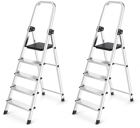 2 Scale in Alluminio 5 Gradini - Portata 150kg, Certificata EN131 - Antiscivolo, Ultraleggera e Salvaspazio - Uso Domestico e Lavorativo - Pratica da Aprire, Chiudere e Riporre (2 Scale, 4+1 Gradini)