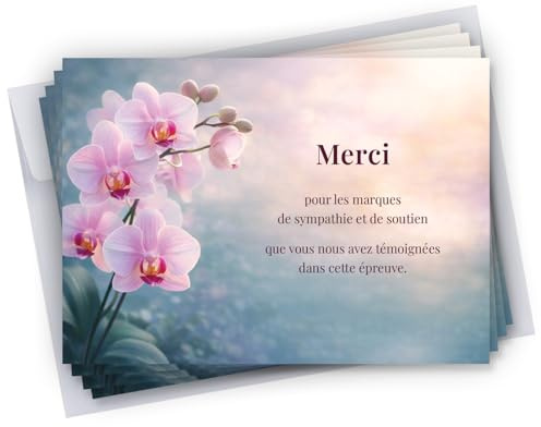 Cadeau Parfait Lot de 50 Cartes de remerciements décès condoléances + 50 Enveloppes autocollantes • Visuel Orchidée • Format 10x15 cm