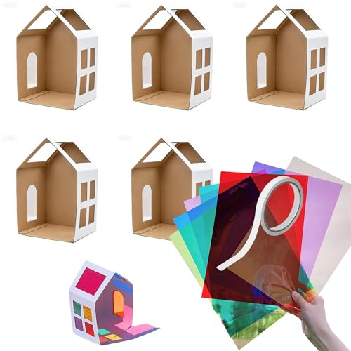 Hayaww Maison Carton Miniature DIY Maisonnettes en Carton à Colorier avec Cellophane colorée papier vitrail pour la décoration et ruban adhésif double face Pour la décoration de Noël à la main (A)