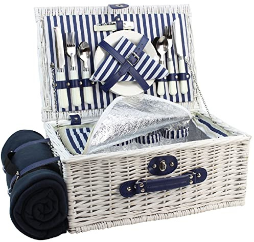 HappyPicnic Panier de pique-nique en osier pour 4 personnes avec grand compartiment isotherme, couverture en polaire avec dos imperméable et kit de service à couverts Blanc