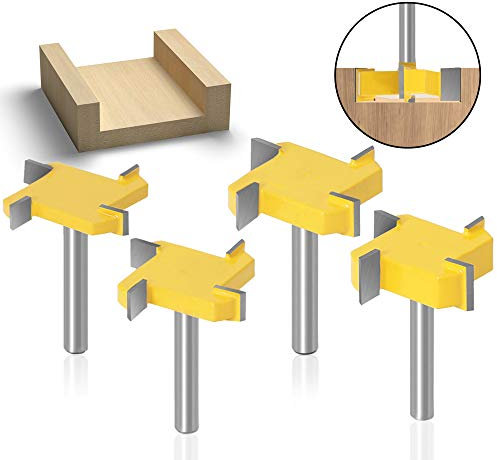 Bestgle 4 Pcs Juego de Bits de Enrutador de Ranura y Ranura, Madera Fresa Cepilladora Herramienta de Carpintería Fresa de Carburo Cementado Ranura en T