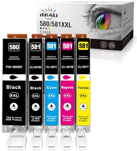 INK4U 580XXL 581XXL Cartucce d'inchiostro Compatibili per Canon PGI-580XXL | CLI-581XXL per Canon TS6150 TS6250 TS6350 TS8150 TS8250 TS9550 TS705 TR7550 TR8550 (5 Pezzi)