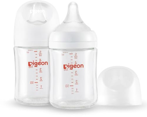Pigeon Glass Nursing Bottle Wide Neck, Anti-Colic, Streamlined Body, Natural Feel, Easy to Clean, Heat-Resistant, 5.4 Oz(Pack of 2), Includes 2pcs SS Nipples (0m+)