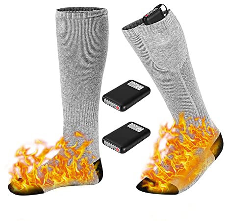 Beheizte Socken, Gobesty Beheizbare Socken mit Akku, Elektrische Warme Socken mit 3 Einstellbarer Temperatur, 4000mAh Batterie Heizsocken für Damen Herren zum Camping Angeln Radfahren Skifahren, Grau