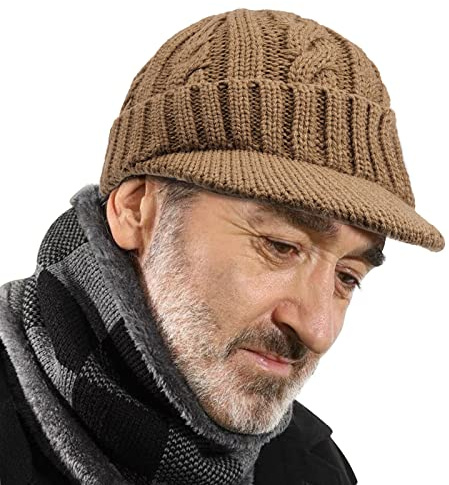 CLAPE Ull beanie mössa med skärm varm vintermössa herr stickad mössa dam akryl stickad hatt elastisk kort brätte hatt, NB03-khaki, En Storlek
