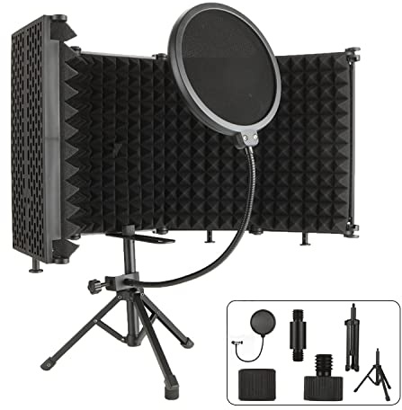 MIVIDE Bouclier d'isolation pour Microphone avec Trépied, Bouclier d'isolation Acoustique avec Filtre anti pop et Trépied, 5 Panneaux Pliable en Mousse Absorbant pour Anti Bruit et Vent (Noir)