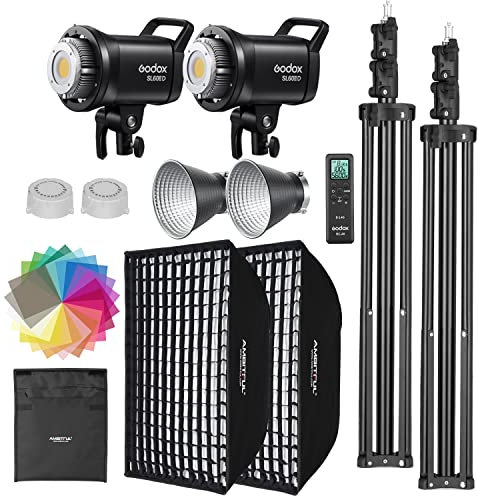 Godox SL60II-D LED Video Light Kit 2Pack Continuous Light Set, Square Grid Softbox,Light Stand, Remote Control & Honeycomb Grid for Studio Video Recording, Filming, Podcast (2PCS)