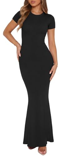 REORIA Women's Summer Sexy Casual Lounge Long Dress Elegant Wedding Guest Short Sleeve Crew Neck Bodycon Maxi Dresses Black Small