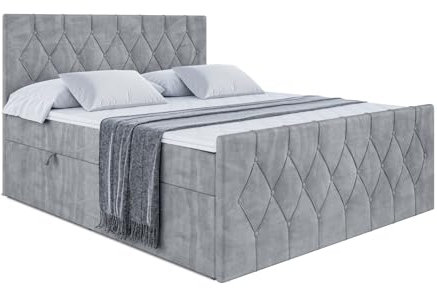 ALTDECOR Boxspringbett mit Matratze und Lattenrost, Boxbett, Fußteil, Topper, Polsterbett mit Bettkasten, Bett mit Stauraum H3-Matratze, Doppelbett, Springboxbett -VELANTO - 180x200 - Grau Samt