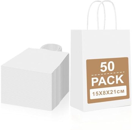 Gucass 50 Pezzi Piccolo Sacchetti Carta con Manici, Bianca Borse Carta Kraft Sacchetti da Regalo, 15x8x21cm, Shopper in Kraft Carta Borsa Regalo, per Feste Compleanno Natale Matrimoni Shopping