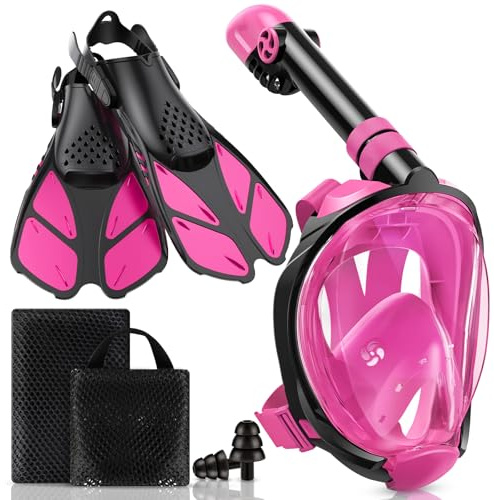 Viginsul Snorkeling Gear for Kids, Full Face Snorkel Mask & Adjustable Swim Fins Snorkel Set, Panoramic View Snorkel Mask with Dry Top System & Gear Bag, Anti-Fog Anti-Leak (Pink)