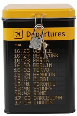 I-TOTAL® - Salvadanaio Divertente con Lucchetto e Chiavi/Portamonete in Metallo con Chiusura - Idea Regalo (DEPARTURES)