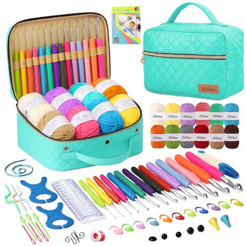 Knitiss Crochet Kits for Beginners Adults, All-Inclusive Crochet Kit for Adults with 14 Size Ergonomic Crochet Hooks,12 Crochet Yarns Balls & Crochet Bag