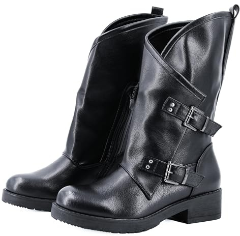 JOMIX Stivali Donna Biker Fashion con Fibbie Laterali Stivaletti in Pelle Sintetica con Cerniera Casual e Chic NXW2508 Nero 40
