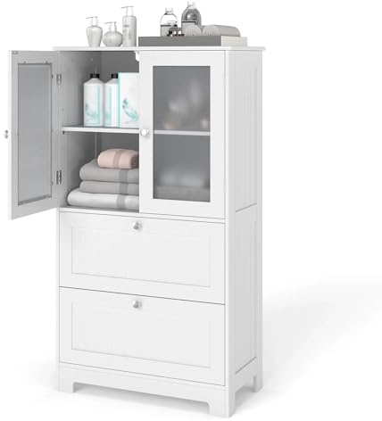 KOMFOTTEU Badezimmerschrank mit 2 Schubladen & 2 Türen, Badschrank mit verstellbares Regal, vertikaler Hochschrank stehend mit Kippschutz, 60 x 30 x 108 cm, Weiß