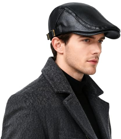 OIXEYA Berretto Piatto da Uomo in Pelle PU, Regolabile, Newsboy, Cappello da Guida, Duckbill, Classico, Vintage Scozzesi, 55-60CM, Nero