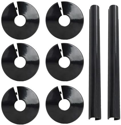 6 Pcs Radiator Pipe Collars Plastic and 2 Pcs Radiator Pipe Covers Set, 15mm Heating PipeCaps and Fittings, 200mm Black Clip-on Type, Home Renovation Pipes Concealing Sleeves and Pipes Ring Fittings