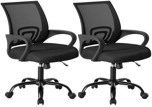 DUMOS Office Desk Chair - Ergonomic Mid Back with Lumbar Support & Rocking Mode, Height Adjustable with Fixed Armrest, for Home, Computer, Gaming, Conference, Meeting, 360° Swivel, Black, 2 Pack