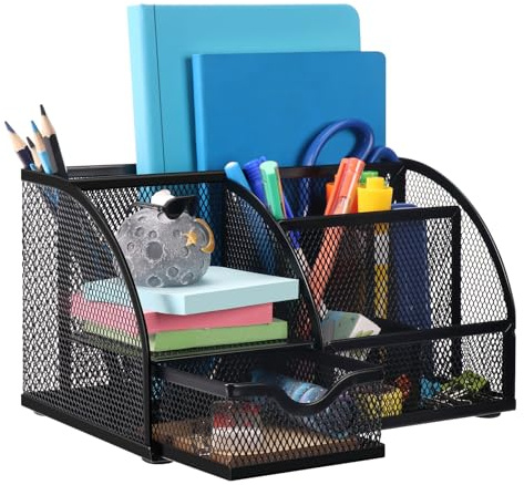 Comix Mesh Pen Pencil Holder Desk Organizer, 7 Compartment Wire Desktop Pen Pencil Cup Caddy Office Supplies for Home Office School, Black