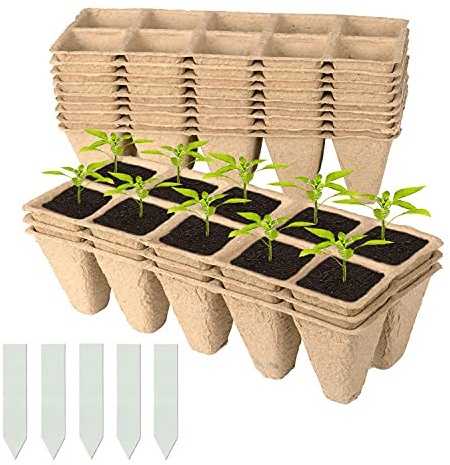 Cymax 120 Cells Seed Starter Tray Kit, 12 Pack Biodegradable Pots Seedling Germination Trays, Plant Seed Starter Tray Kit with 50Pcs Plant Labels