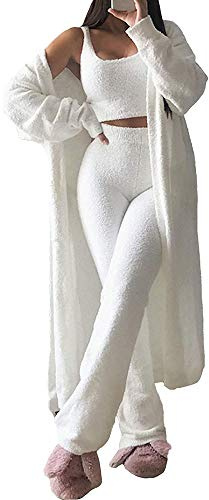 Zopmopae Womens Fuzzy 3 Pezzi Lounge Set Cardigan Aperto sul Davanti Crop Canotte Pantaloni a Gamba Larga Abbigliamento Casual Abiti Set Pigiama