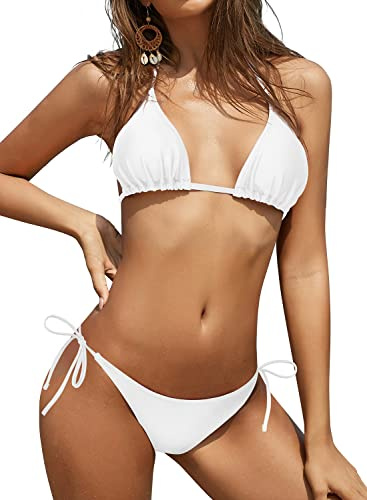 SHEKINI Womens Bikini Set Triangle Halter Lace-up Swimsuit Sexy Bathing Suits Low Waisted Tie Side Bottom Two Piece Swimwear, White, Medium