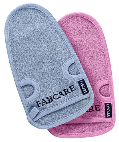 FABCARE Premium Peelinghandschuh für Körper und Gesicht, Peeling Schwamm 2 Stück - Exfoliating Gloves für Body Scrub mit Saugnäpfen und Ebook, dermatologisch getestet mit DERMATEST Bewertung SEHR GUT