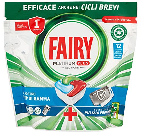 Fairy Platinum Detersivo Pastiglie Lavastoviglie Plus, Brillantante, 12 Capsule Lavastoviglie, Brezza Di Erbe Fresche, Tecnologia Pulizia Profonda, Contro Il Grasso E Le Incrostazioni Ostinate