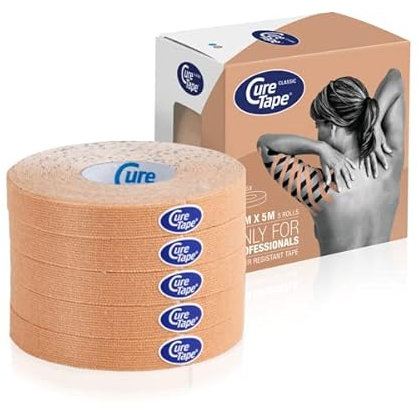 CureTape® Kinesiotapes | 5 Kinesiologie Tape rollen (1 cm x 5 m) | Wasserfestes & Latexfreies Kinesiotape | Physio Tape mit Lange Klebekraft | Ideal für LymphTaping und Narbenbehandlung | Beige