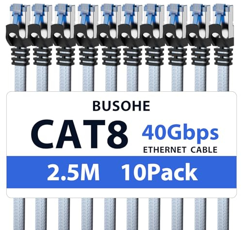 BUSOHE Cat 8 Ethernet Cable 2.5m (10 Pack), High-Speed 40Gbps 2000MHz Network Cable Braided Flat Gigabit Rj45 STP Shielded Internet Network Lan Cable Cord Compatible with PC, Laptop, Routers, Modem