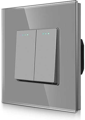 CNBINGO Rocker Lichtschalter 2 Fach 1 Weg Glas Lichtschalter, Modernem Kristallglas Wandplatte mit Leuchtpunkten, Grau