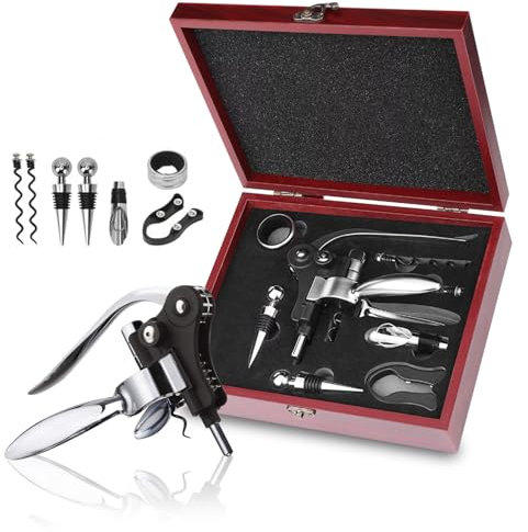 Cavatappi, 8 Pezzi Apribottiglie Professionali Set di Accessori da Vino con Scatola Regalo, Apribottiglie Vino con Aeratore, Versatore, Tappi, Tagliacapsule, Spirali di Ricambio e Anello Antigoccia