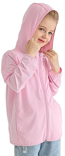 Auranso Kids Zip-Up Hoodie Girls Boys UPF50+ Sun Protection Jacket Hooded Cooling Shirt Light Pink 5-6 Years