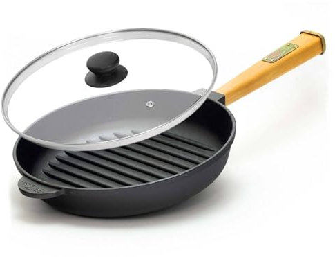 4BIG.fun Sartén parrilla de hierro fundido de 24 cm de diámetro con tapa de cristal para inducción, mango de madera