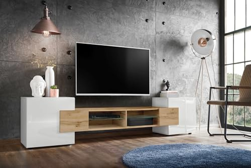 Komodee, Meuble Banc TV Merano, Blanc Wotan Blanc, Largeur 230 cm x Hauteur 52,5 cm x Profondeur 35 cm, sans LED, pour Salon, Chambre