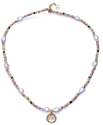 Viceroy Collar Kiss para Mujer de Acero Inoxidable con Baño en Tono Dorado - Cuentas de Cristal y Perlas Sintéticas - Dije Árbol de la Vida