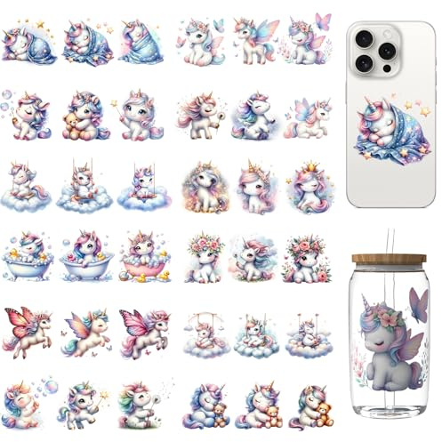 DORSBABY UV DTF Stickers 36 Pcs Unicorn UV DTF Cup Wrap for 16OZ Glass