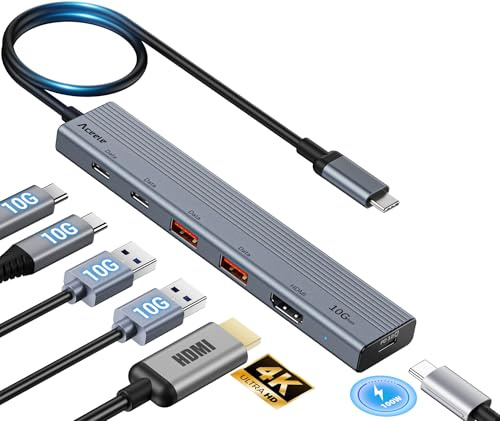 Aceele 10 Gbps USB-C-hubb med HDMI 4K@60Hz, 2 USB A och 2 USB C 3.2 splitter med 100 W, USB C 3.2 Gen 2 multiportadapter för MacBook Pro/Air, iPad Pro, Thinkpad och mer