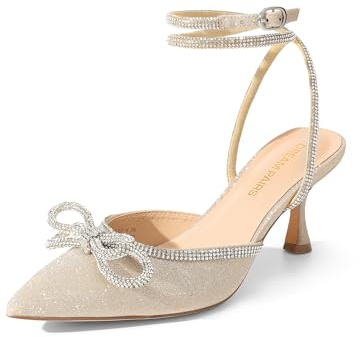 DREAM PAIRS Escarpins Femme Petit Talon Slingback À Bout Pointu avec Nœud Strass Et Bride Cheville – Chaussures De Soirée Mariage Cérémonie,Size 38.5,Or,DWUMPU2541