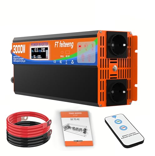 3000W Wechselrichter 12V auf 230V Spannungswandler mit 2 Europäische Steckdose und USB-C-Anschluss und QC 3.0-Hafen LCD Spannungsanzeige，Für Wohnmobil Haushaltsgeräten
