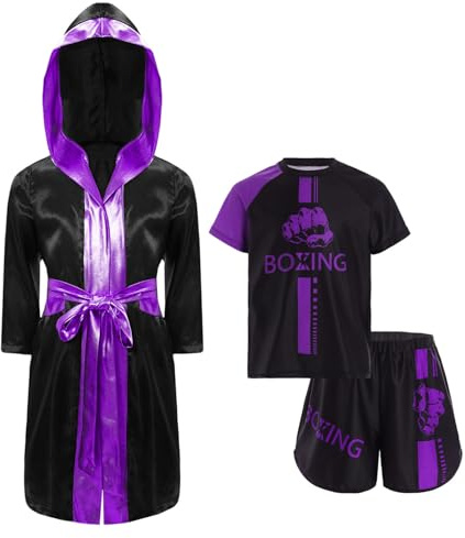 Yihuimin Bambini Ragazzo Completo Accappatoio Pantaloncini Da Boxe E Tshirt Vestito Con Cappuccio Kick Boxing Combattimento Muay Thai Mma Abbigliamento Sportivo Viola 5-6 anni