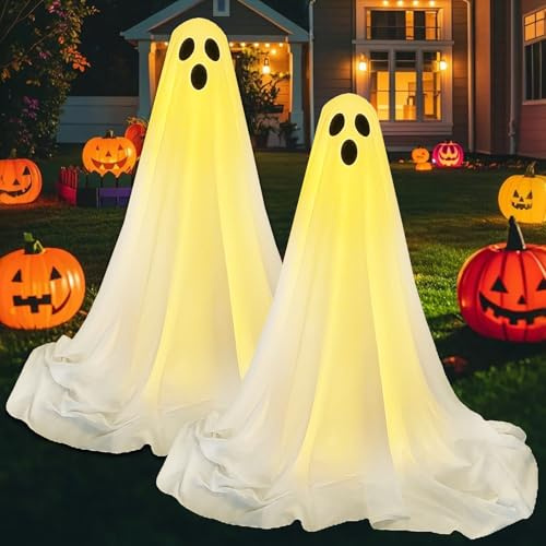CHENBOOW Fantasma di Stoffa Bianca,2 Pezzi Grandi Fantasmi di Stoffa Bianca,Decorazione di Halloween,Fantasma in Piedi Illuminato di Halloween,per Portico Cortile Casa Stregata Giardino