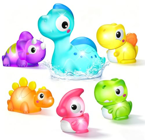 Baby Light Up Bath Toys: 6 Pack Dinosaur Water Activated Bath Toys for 1 2 Year Old, No Hole Water Toys for Toddler Bathtub/ Swimming/Pool, Baby Shower Birthday Gifts for Boys & Girls