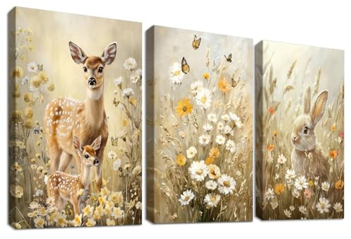 3 Pcs Conejo de Pascua Marco de Madera Cuadro Moderno Vivero Conejos Sika Ciervos Lienzo Decorativos Pintura Imagen Rústico Flores Silvestres Campo Cuadros Decoracion Salon Dormitorios 40cmx60cmx3