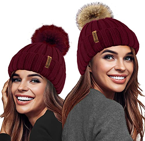 TOSKATOK Ladies Girls Chunky 3 in 1 Rib Beanie Hat with 2 Interchangeable Large Faux Fur Pompoms-Burg Burgundy